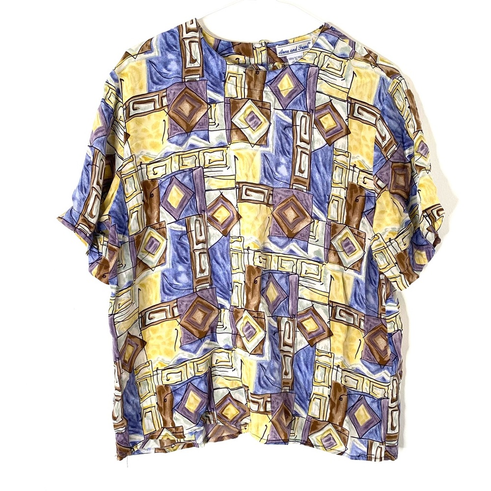 Vintage Anna & Frank Silk Abstract Art Print Blouse Colorful Impressionist